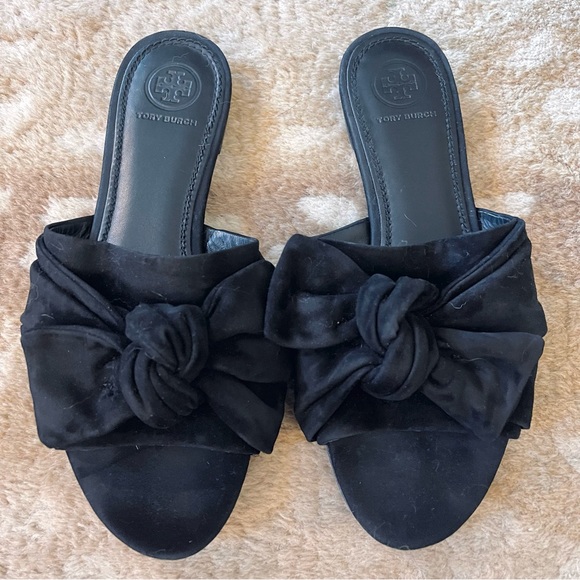Tory Burch Annabelle Suede Leather Bow Open Toe Slide Sandals In Black Size 7 - Picture 3 of 14